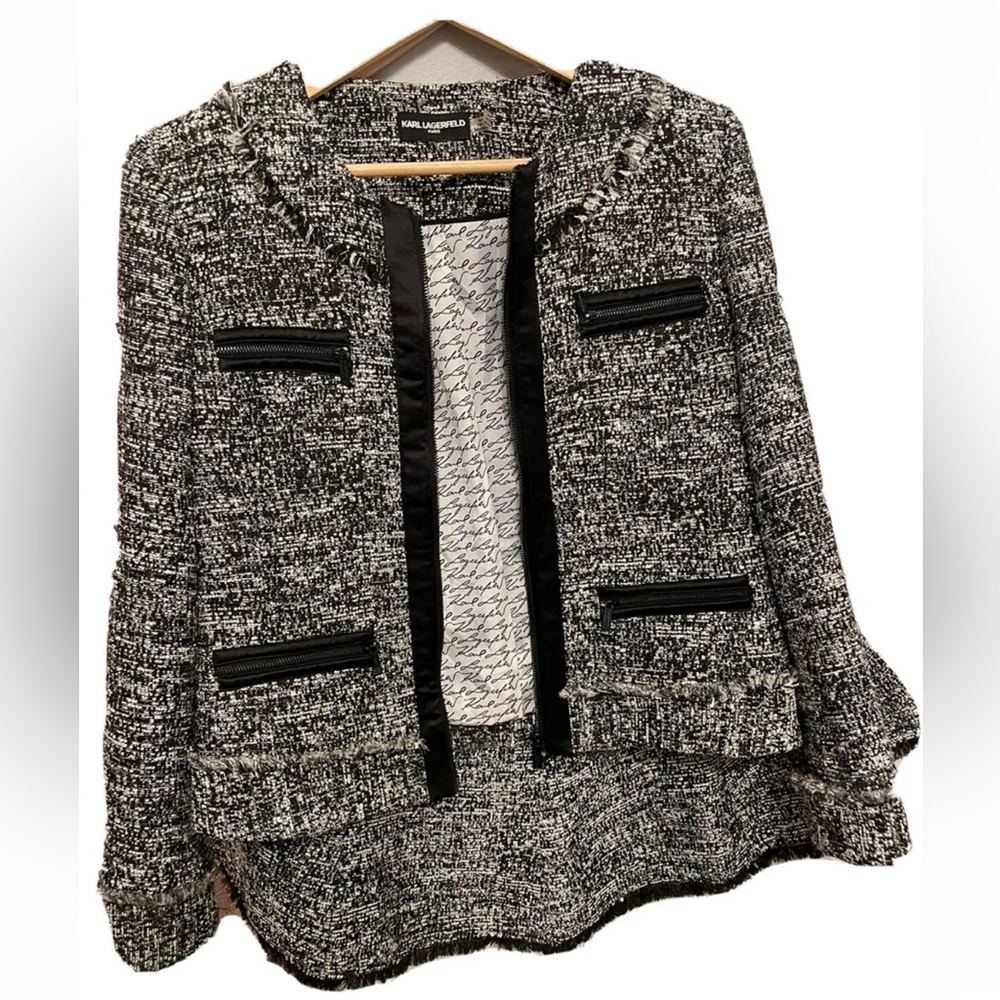 Karl Lagerfeld Paris Black & White Tweed Zip Front Blazer and skirt Size 12